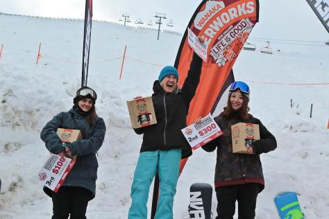 Winners of the Overall Women Category - 1st - Amber Schueker 2nd - Iwadare Kren 3rd - Adele Kren Wanaka Beerworks Treble Cone Banked Slalom
